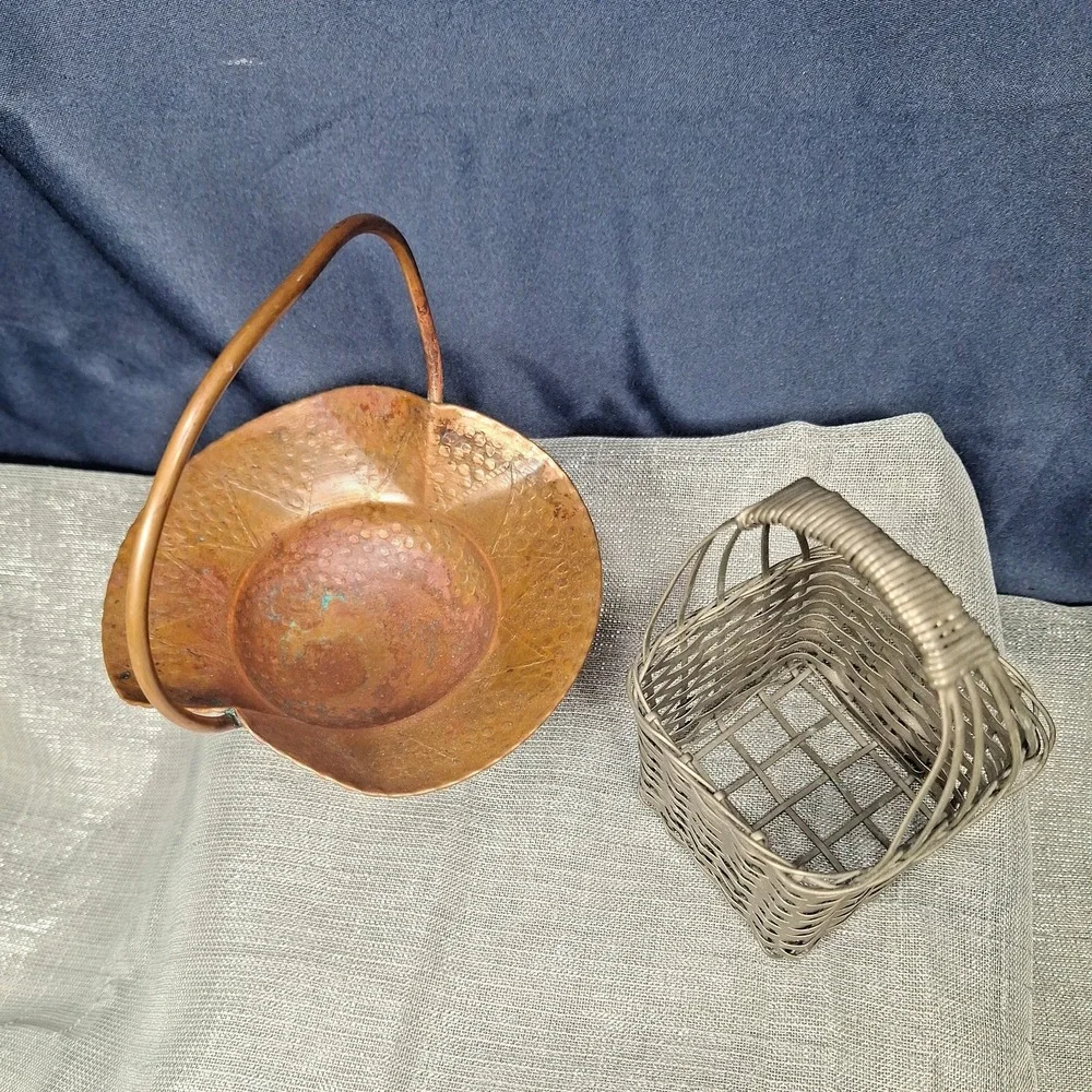 2 Mini Vintage Hammered Copper Basket & Metal Weave Handles Metalware Decor MCM
